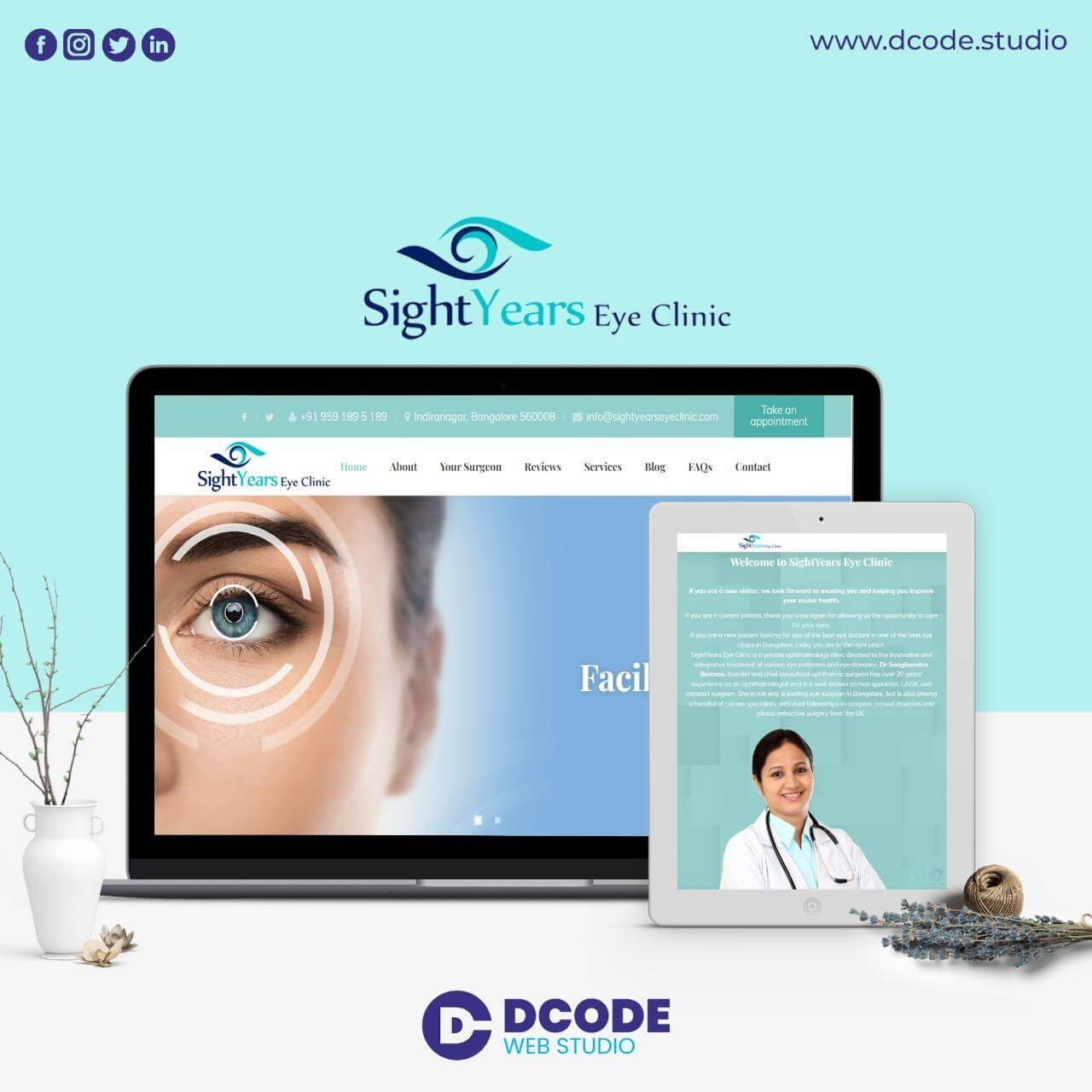 Sightyears Eye Clinic Mockup in Laptop, Mobile, and Tablet sizes, Sightyears Eye Clinic Website Mockup created by Dcode Web Studio, Sightyears Eye Clinic Website Designed and Developed by Dcode Web Studio Ahmedabad